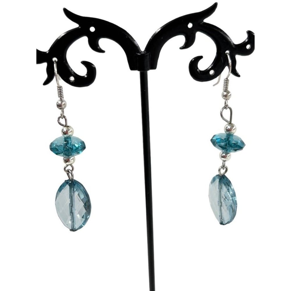 Blue Teal Faceted Acrylic Beaded Hook Pierced Earrings 2.5" Drop Dangle Silverto - Picture 2 of 5